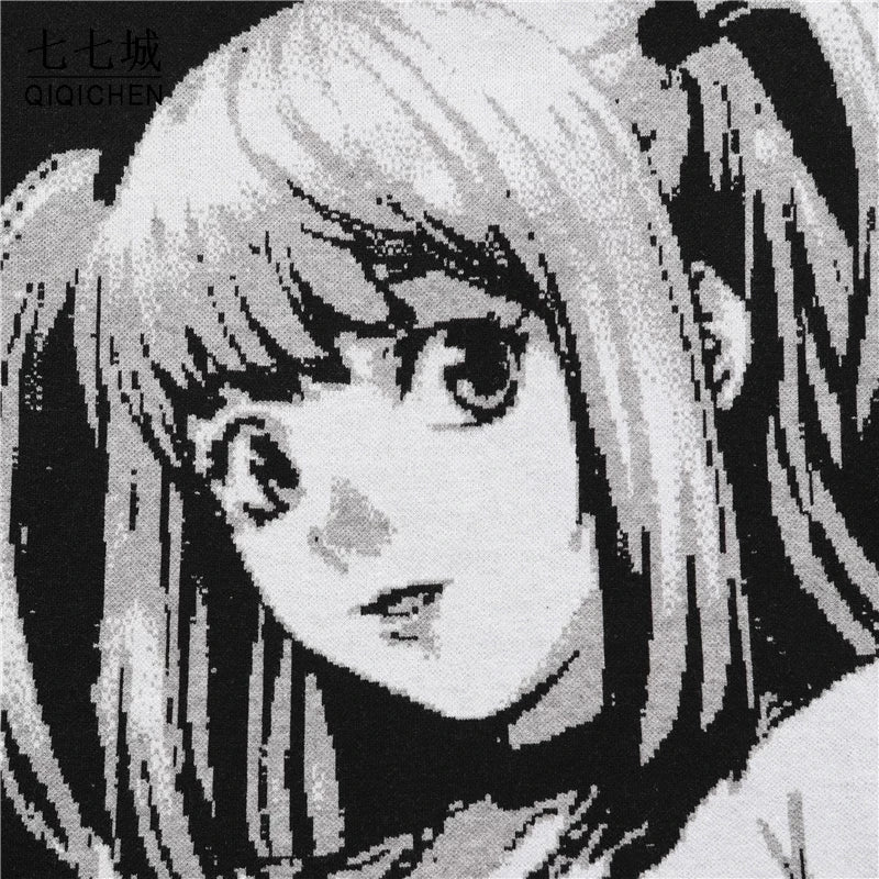 Anime Girl Knitted Sweater Men Hip Hop Street Loose Wool Jumper Vintage Pullover Women Japanese Harajuku Gothic Spring Sweaters