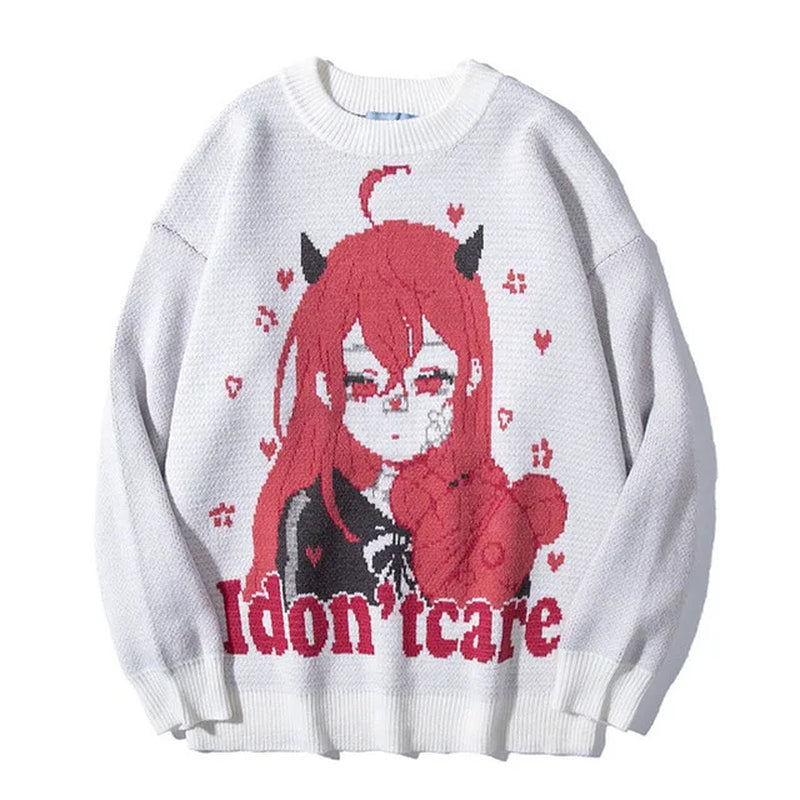 Anime Girl Knitted Sweater Men Hip Hop Street Loose Wool Jumper Vintage Pullover Women Japanese Harajuku Gothic Spring Sweaters