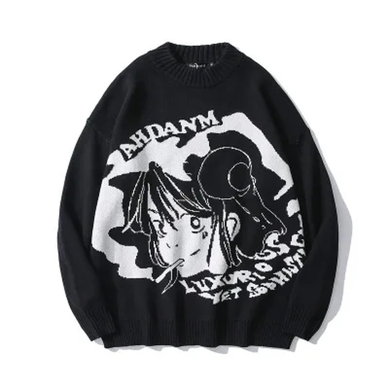 Anime Girl Knitted Sweater Men Hip Hop Street Loose Wool Jumper Vintage Pullover Women Japanese Harajuku Gothic Spring Sweaters