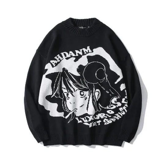 Anime Girl Knitted Sweater Men Hip Hop Street Loose Wool Jumper Vintage Pullover Women Japanese Harajuku Gothic Spring Sweaters